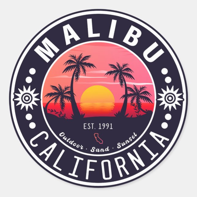 Malibu Ca Retro Sonnenuntergang Palmen Bäume Souve Runder Aufkleber (Vorderseite)