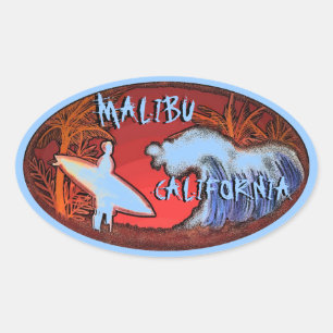 Malibu California Blue Surfer Wellen Kunst Aufkleb Ovaler Aufkleber