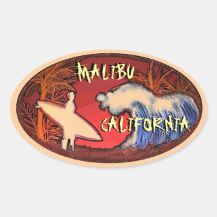 Malibu California Peach Surfer Wellen Kunst Aufkle Ovaler Aufkleber