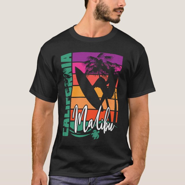 Malibu California Retro Sunset Beach Surfer Surfin T-Shirt (Vorderseite)