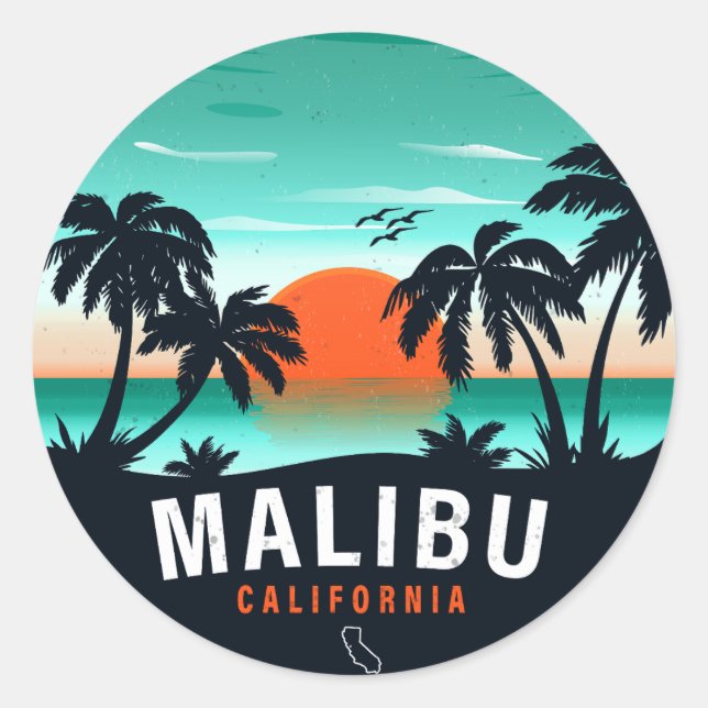 Malibu California Retro Sunset Tropical Souvenirs Runder Aufkleber (Vorderseite)
