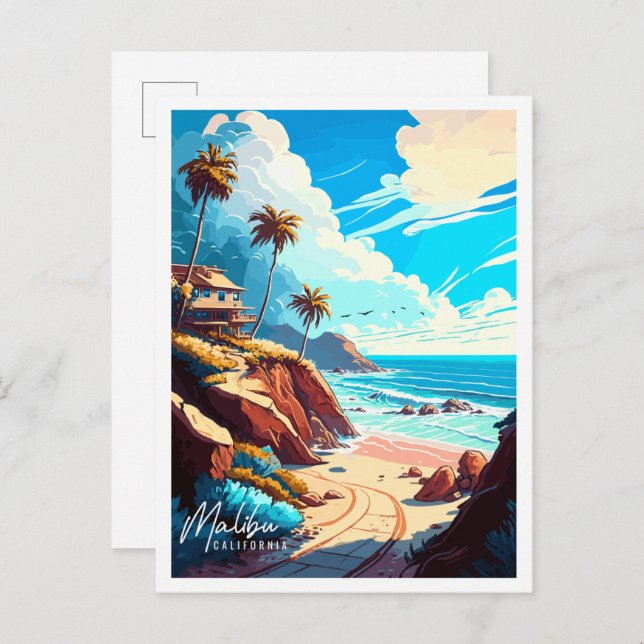 Malibu California Vintage Illustration Postkarte (Vorne/Hinten)