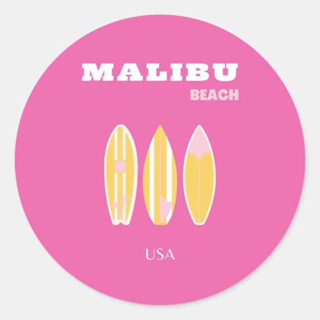 Malibu, Malibu Beach, Travel Art, Preppy, Pink Runder Aufkleber (Vorderseite)