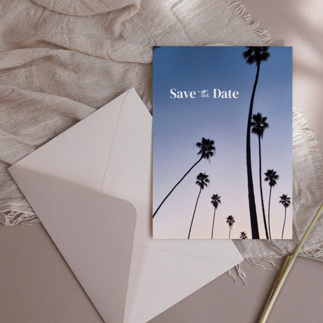 Malibu Palm Trees ・ Save the Date Boho Blue Postkarte (malibu palms save the date with envelope)