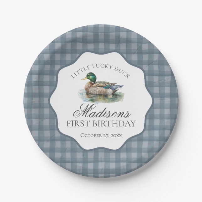 Mallard Duck Hunting Blue Gingham Boy Birthday Pappteller (Vorderseite)