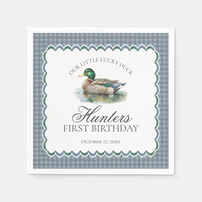 Mallard Duck Hunting Blue Gingham Boy Birthday Serviette (Vorderseite)