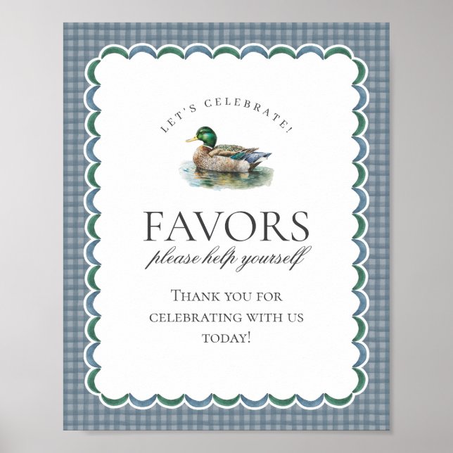 Mallard Duck Hunting Blue Gingham Favors Sign Poster (Vorne)