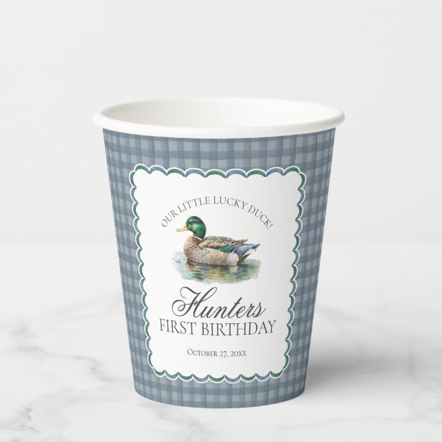 Mallard Duck Hunting Gingham Boy Birthday Pappbecher (Vorderseite)
