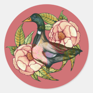 Mallard Duck Peony Nature Lovers Runder Aufkleber