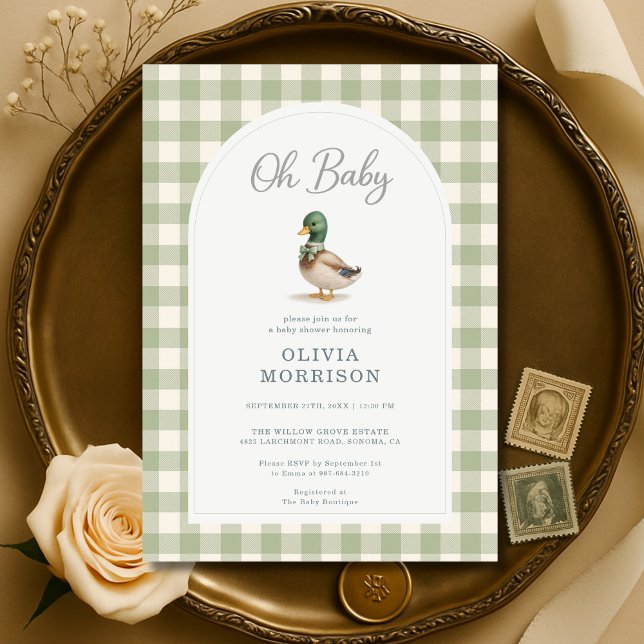 Mallard Duck Sage Green Gingham Baby Shower Einladung (Von Creator hochgeladen)