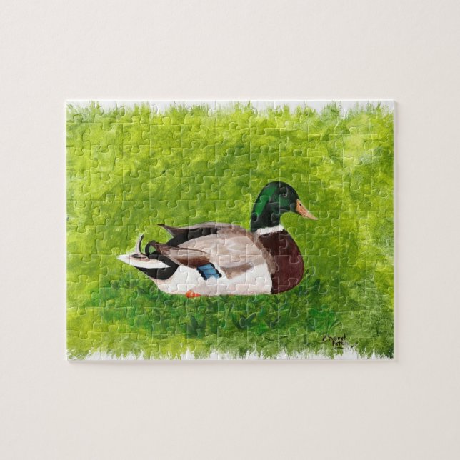 Mallard Duck sitzend in der Grasmalerei, Puzzle (Horizontal)