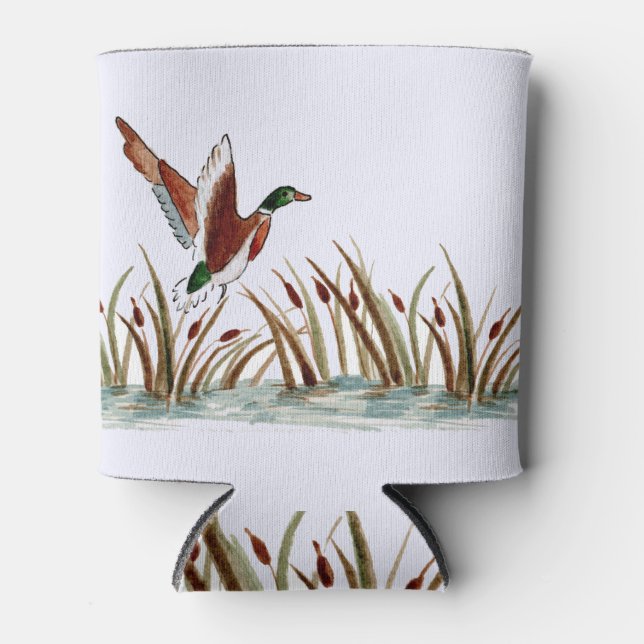 Mallard Duck über Ketten gegen weißen Himmel Dosenkühler (Vorderseite)