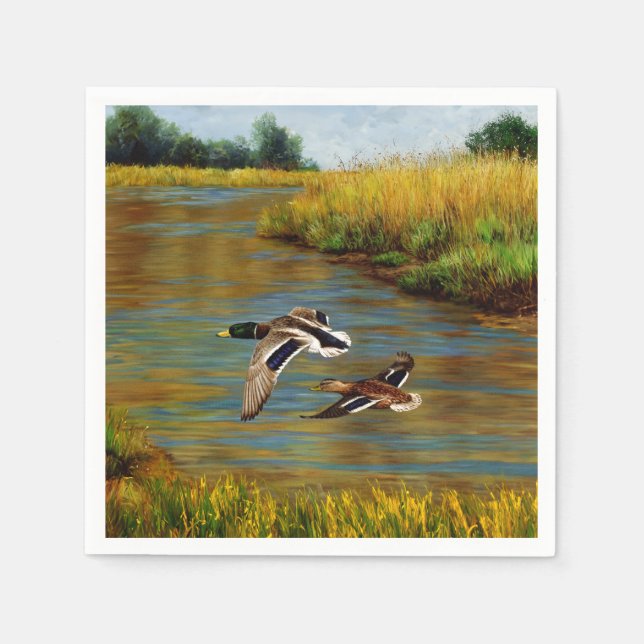Mallard Enten fliegen über Teich Serviette (Vorderseite)