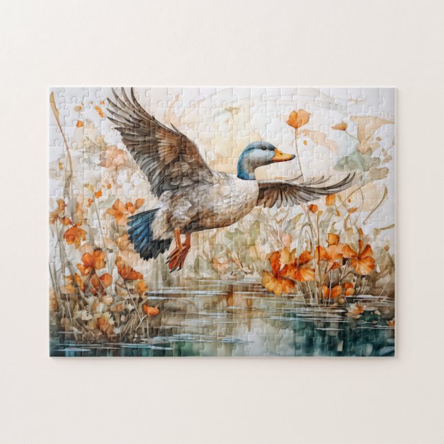 Mallard flying above pond with flowers puzzle (Horizontal)
