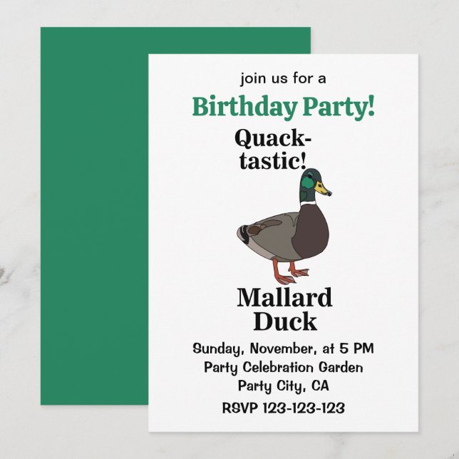 Mallard Quack-Tastic Duck Birthday Party Einladung (Vorne/Hinten)
