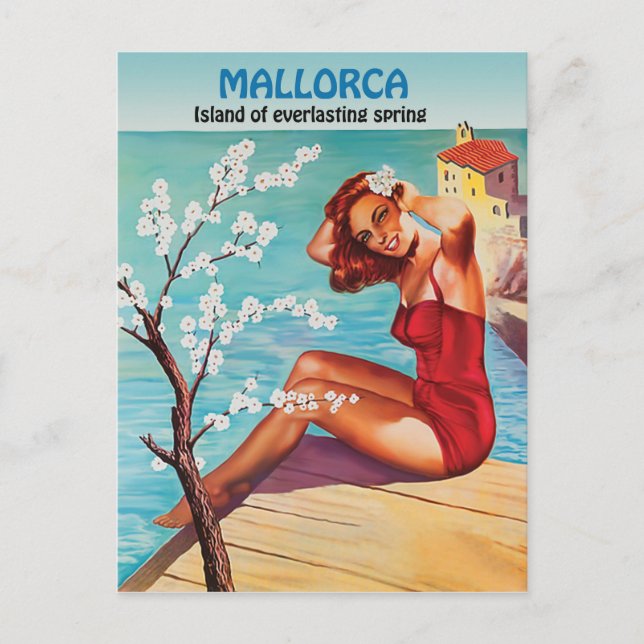 Mallorca, immerwährender Frühling, Mädchen an der  Postkarte (Vorderseite)