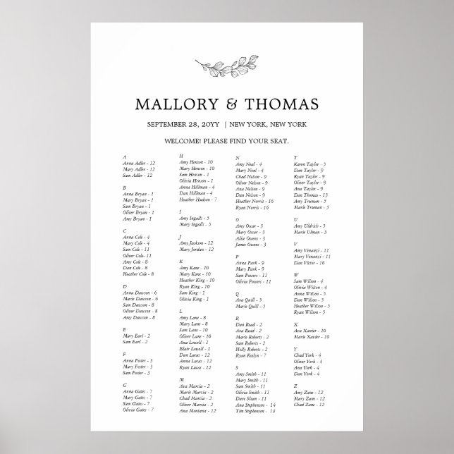 Mallory Eleganter Alphabetischer Sitzplan Poster (Vorne)