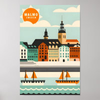 Malmo Sweden Art Vintage Travel Illustration