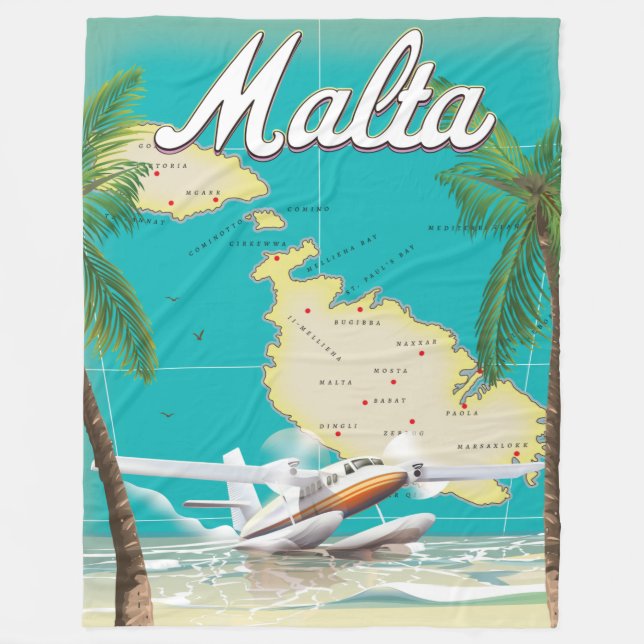 Malta Beach & Map Reiseplakat Fleecedecke (Vorderseite)
