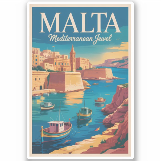 Malta Coast Illustration Travel Art Vintage Aufkleber (Vorderseite)