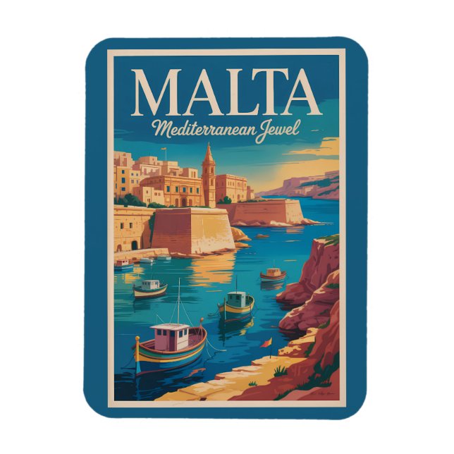 Malta Coast Illustration Travel Art Vintage Magnet (Vertikal)
