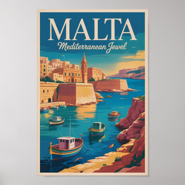Malta Coast Illustration Travel Art Vintage Poster (Vorne)