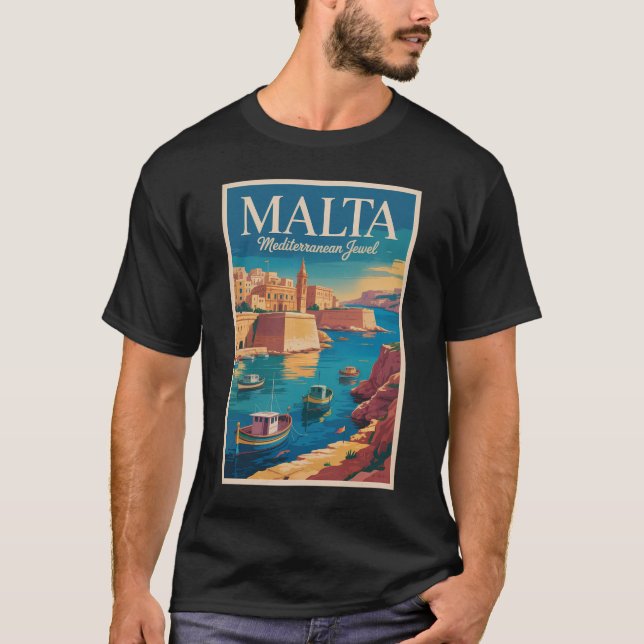 Malta Coast Illustration Travel Art Vintage T-Shirt (Vorderseite)