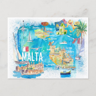 Malta Illustriert Island Reiseplan mit Straßen Postkarte