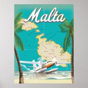 Malta Strand & Karte Reiseplakat Poster