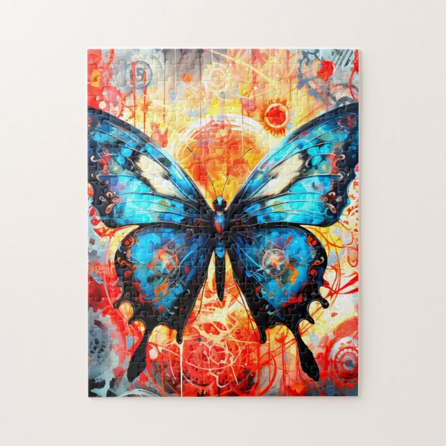 Malte blaue Schmetterlinge mit Zahnraduntergrund. Puzzle (Vertikal)