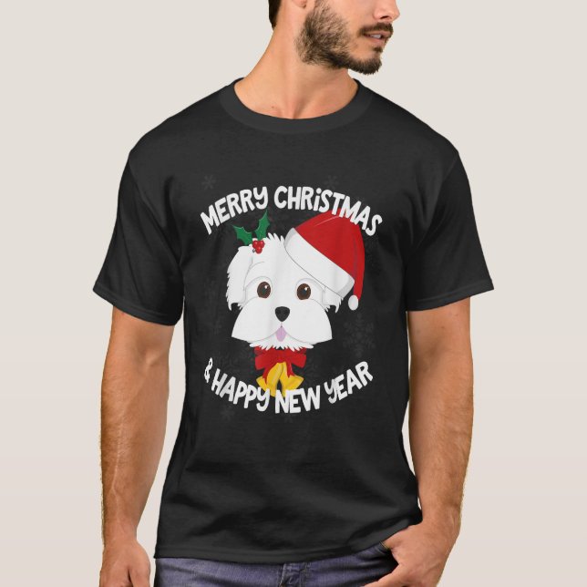 Maltese Dog Christmas Holiday Santa Hat Merry New  T-Shirt (Vorderseite)