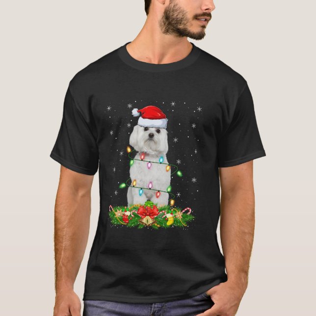 Maltese Dog Christmas Lights Funny Santa Hat Xmas  T-Shirt (Vorderseite)