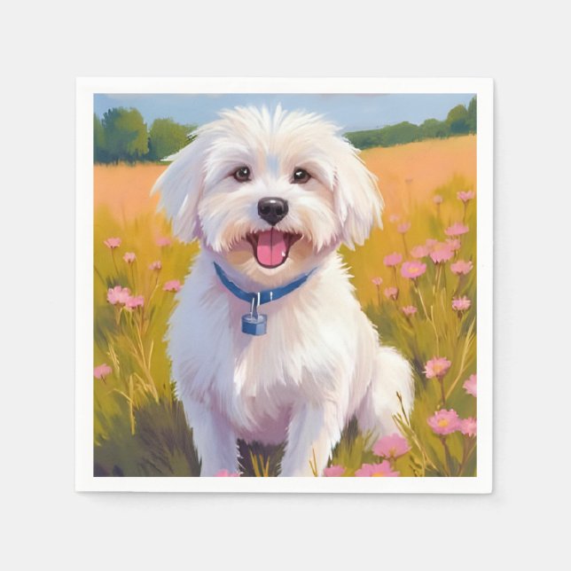Maltese Dog Flower Field Painting Serviette (Vorderseite)