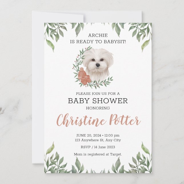 Maltese Dog Girl Boho Greenery Baby Shower Einladung (Vorderseite)