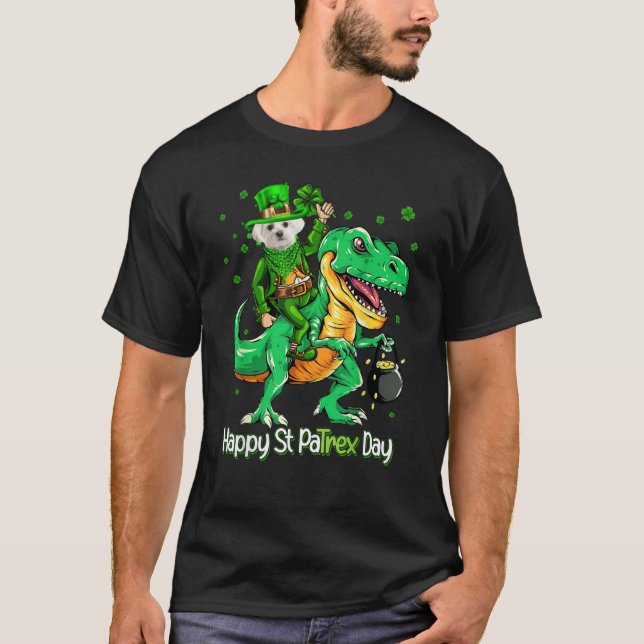 Maltese Riding Dinosaur Patricks Day Shamrock T-Shirt (Vorderseite)