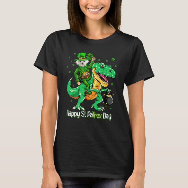 Maltese Riding Dinosaur Patricks Day Shamrock T-Shirt (Vorderseite)
