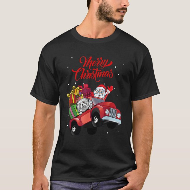 Maltese With Santa Claus In Red Truck Dog  T-Shirt (Vorderseite)