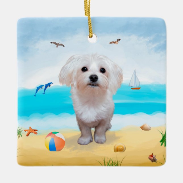 Malteser Hund am Strand Keramikornament (Vorderseite)