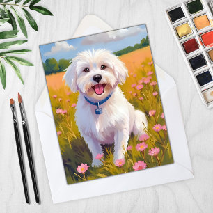 Malteser-Hund-Blumenfeld-Malerei-Karte