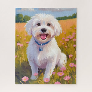 Malteser-Hund-Blumenfeld-Malerei Puzzle