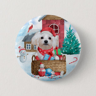 Malteser Hund im Schnee Weihnachtshaus Button
