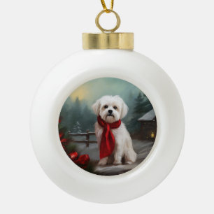 Malteser Hund in Schnee Weihnachten Keramik Kugel-Ornament