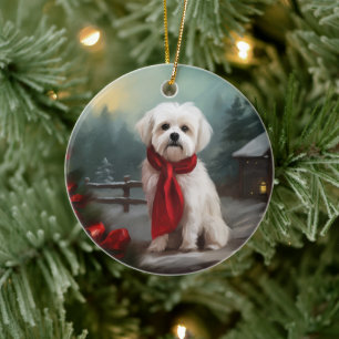 Malteser Hund in Schnee Weihnachten Keramik Ornament