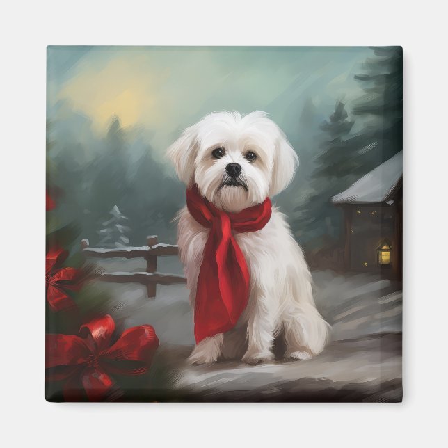 Malteser Hund in Schnee Weihnachten Magnet (Vorne)