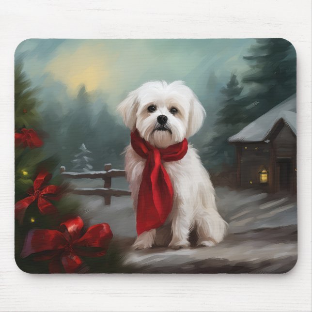 Malteser Hund in Schnee Weihnachten Mousepad (Vorne)