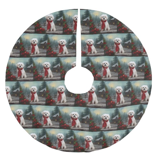 Malteser Hund in Schnee Weihnachten Polyester Weihnachtsbaumdecke (Vorderseite)