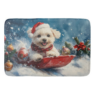 Malteser Hund in Sledge Lass es Schnee Weihnachten Badematte