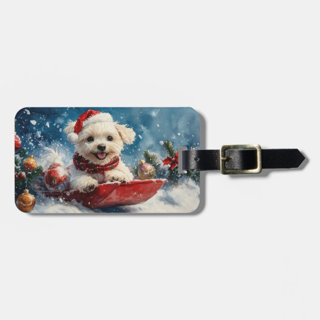 Malteser Hund in Sledge Lass es Schnee Weihnachten Gepäckanhänger (Vorderseite horizontal)