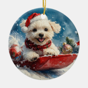Malteser Hund in Sledge Lass es Schnee Weihnachten Keramik Ornament