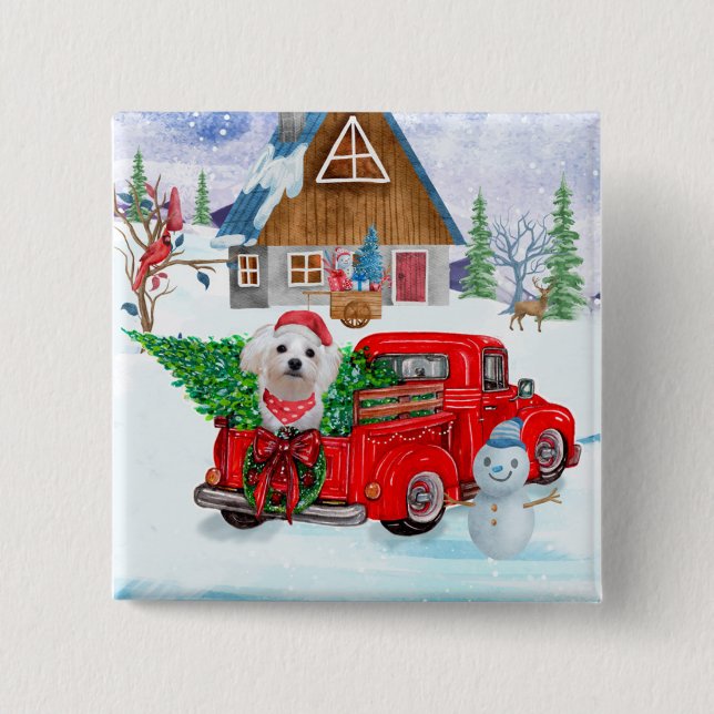 Malteser Hund in Weihnachten Lkw Schnee Button (Vorderseite)